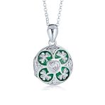 Celtic Lucky Clover Keepsake Photo Locket Necklace Round Lucky Green Enamel .925 Sterling Silver