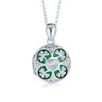 Celtic Lucky Clover Keepsake Photo Locket Necklace Round Lucky Green Enamel .925 Sterling Silver