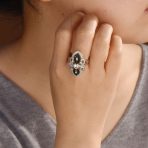 Art Deco Black White CZ Filigree Statement Full Finger Ring Silver Plated - Image 3