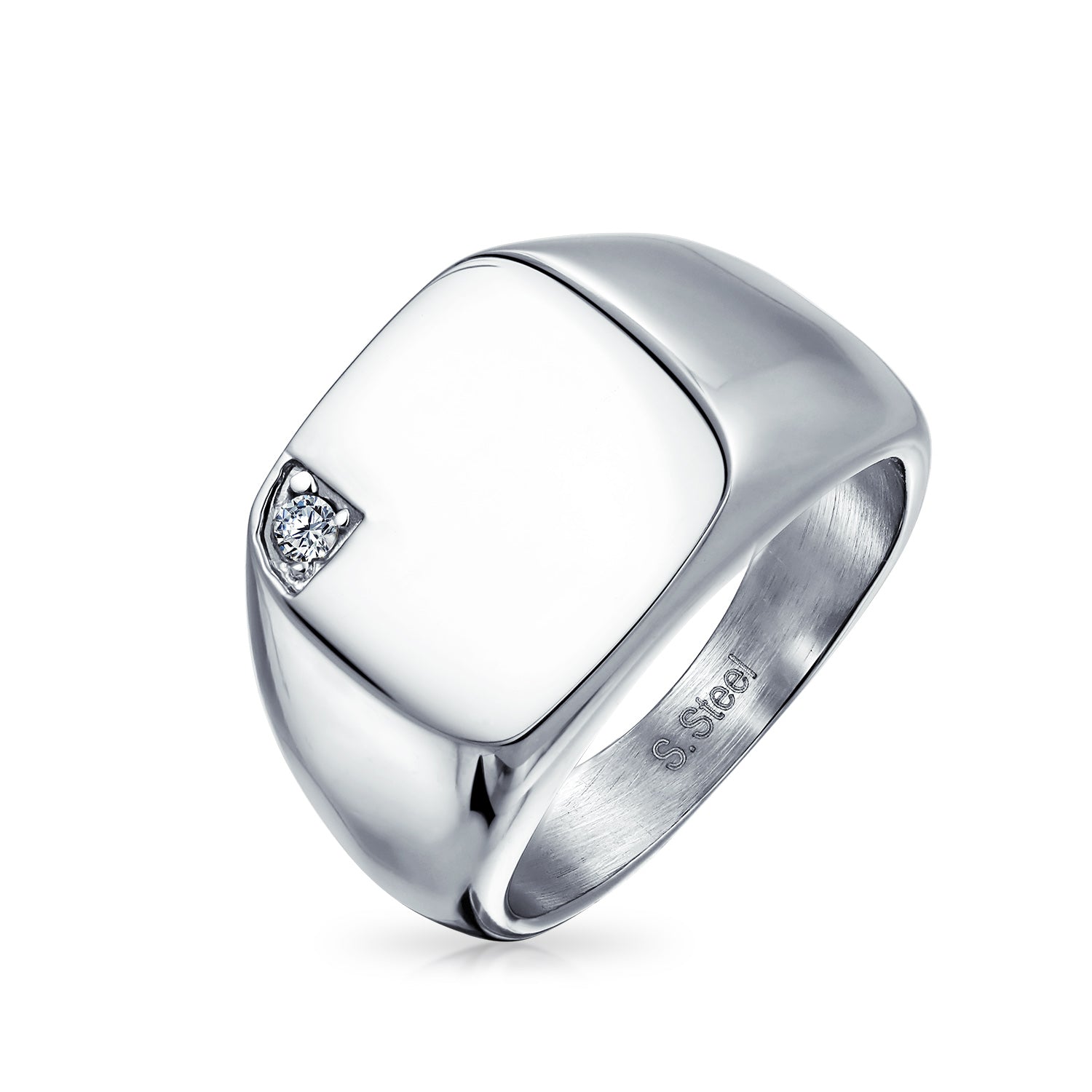 signet-ring-steel-cz-square-mens_sgp-s08r032052_1 Large Square CZ Accent Blank Monogram Initial Signet Ring Stainless Steel - Image 1
