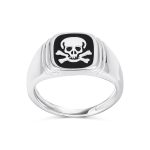 Classic Flat Black Onyx Gemstones Signet Skull Crossbones Ring Sterling Silver