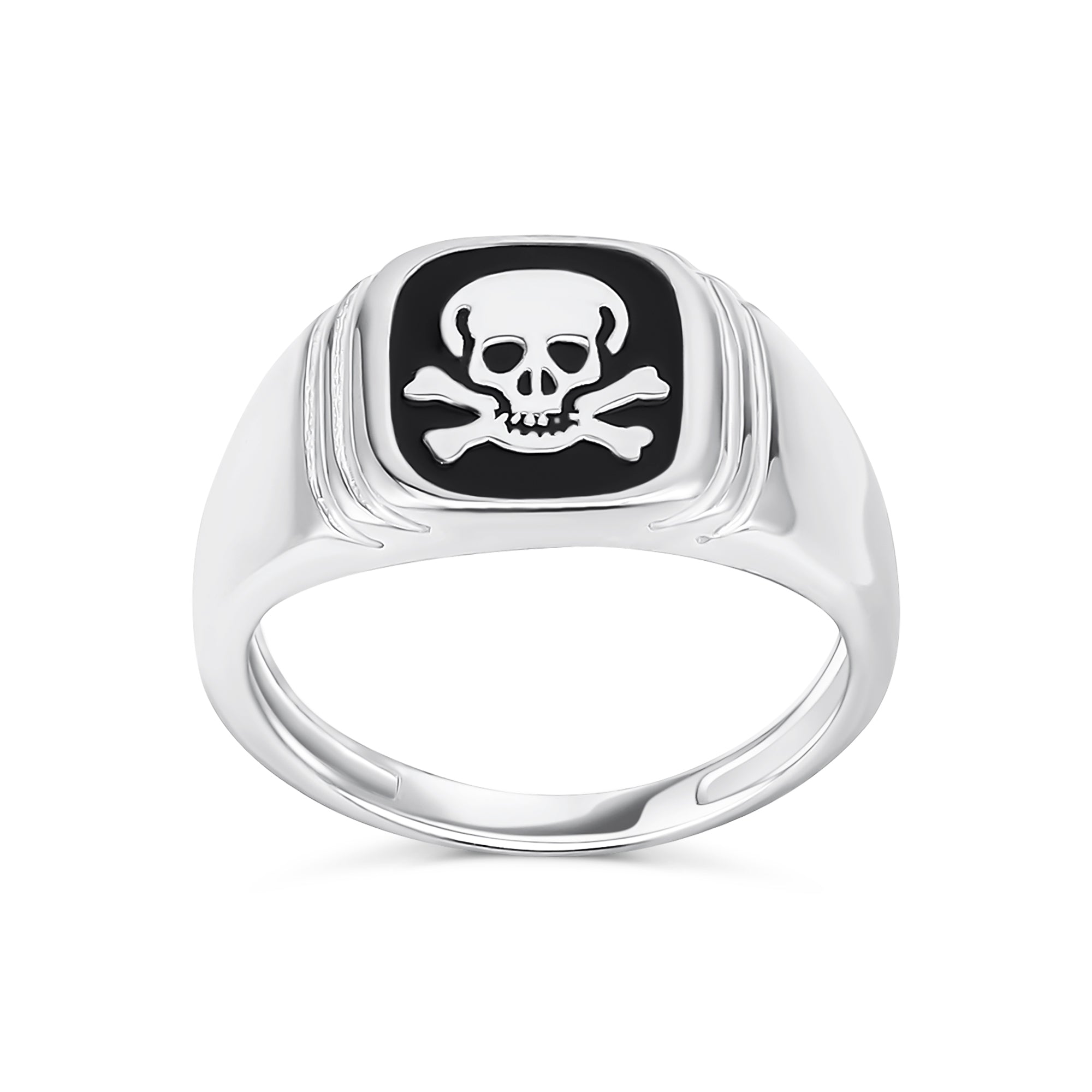 signet_skull_crossbones_ring_srn-s749719r_1 Classic Flat Black Onyx Gemstones Signet Skull Crossbones Ring Sterling Silver - Image 1
