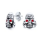 Red Crystal Eyes Dia De Los Muertos Pirate Skull Stud Earrings Stainless Steel