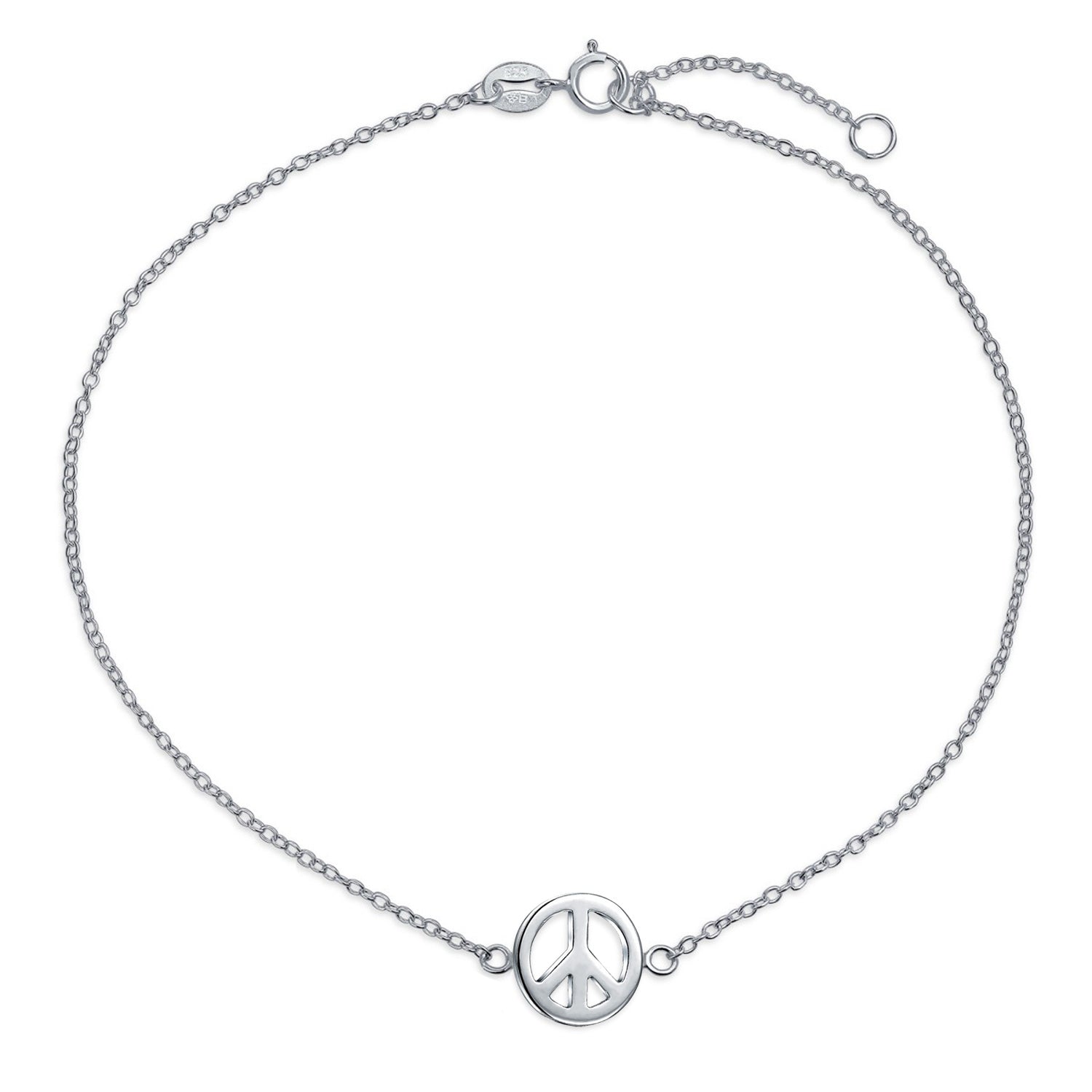 silver-adjustabe-anklet-peace-sign_pfs-14-1746-az_1 Peace Sign Charm Anklet Ankle Bracelet Sterling Silver 9-10 Inch - Image 1