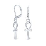 Religious Symbol of Life Ankh Cross Dangle Earrings .925 Sterling Silver Lever Back