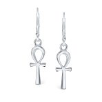 Religious Symbol of Life Ankh Cross Dangle Earrings .925 Sterling Silver Lever Back - Image 2