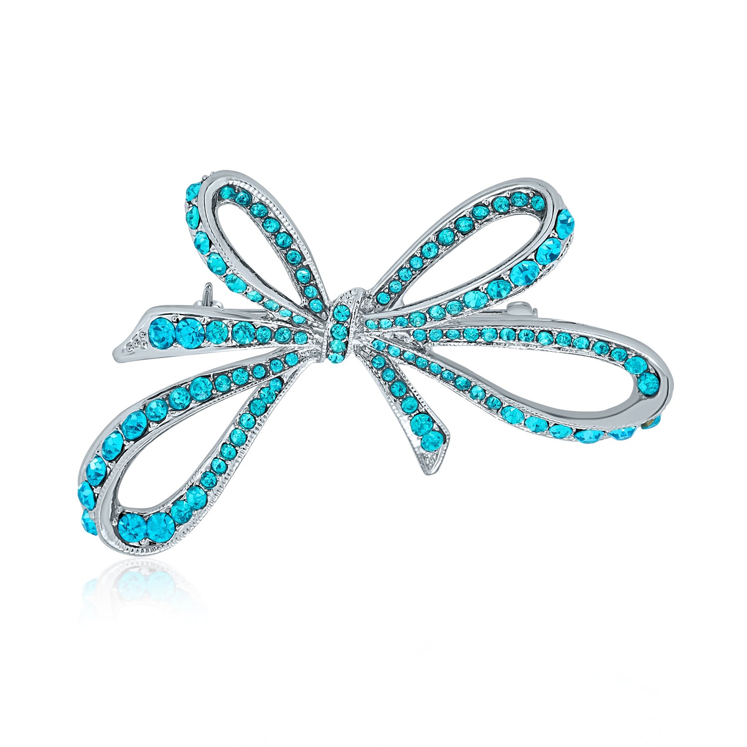 silver-aquamarine-bow-ribbon-pin-brooch_dsh-bt2441_1 Winter Wedding Blue Crystal Bridal Statement Ribbon Bow Brooch Pin Silver Plated - Image 1