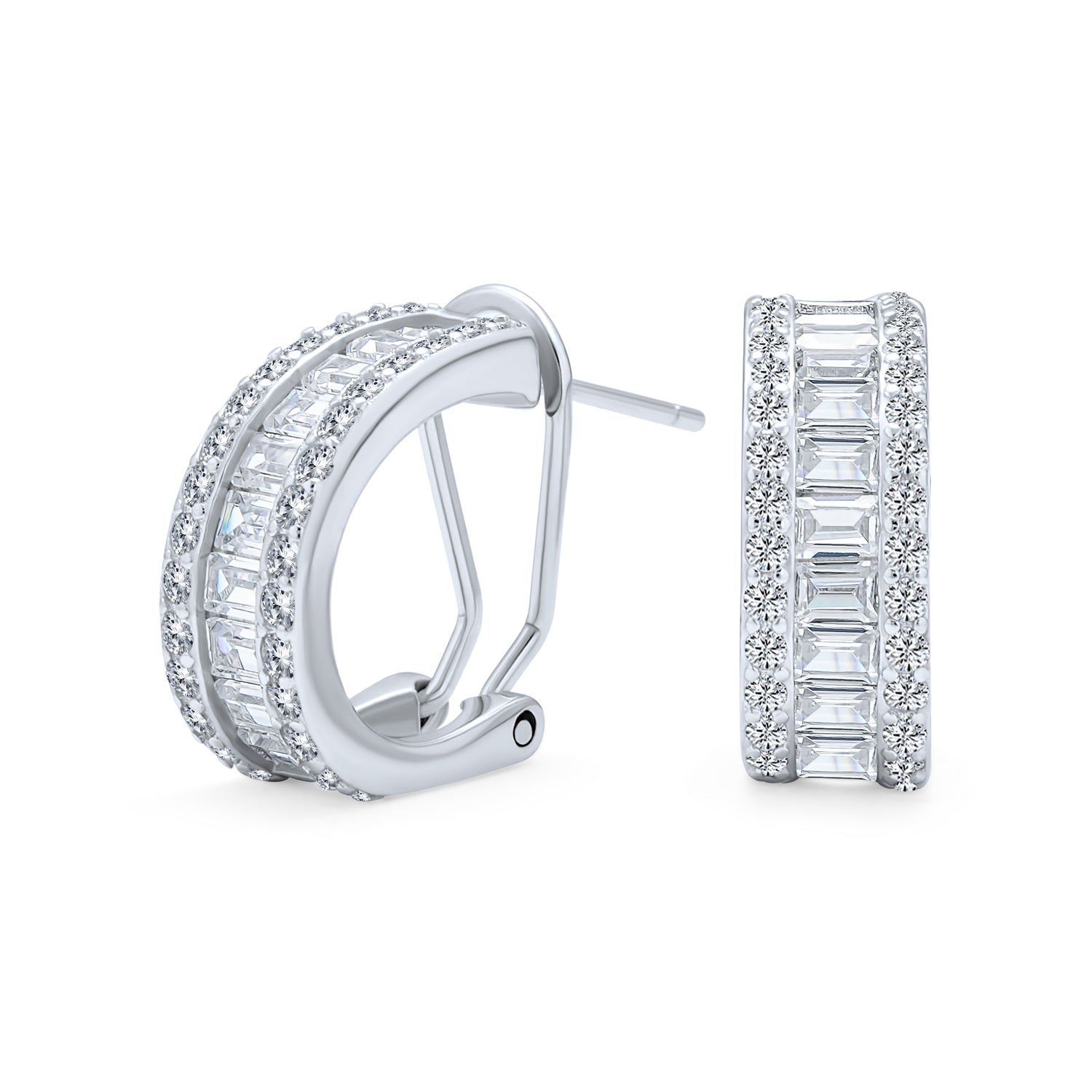 silver-art-deco-half-hoop-earrings_unv-e2959_1 Wedding Bride Baguette CZ Stud Earrings Half Hoop Shrimp Style Omega Back Silver - Image 1