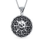 Coin Medallion Pirates Skull Pendant Necklace Oxidized .925 Sterling Silver