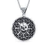 Coin Medallion Pirates Skull Pendant Necklace Oxidized .925 Sterling Silver