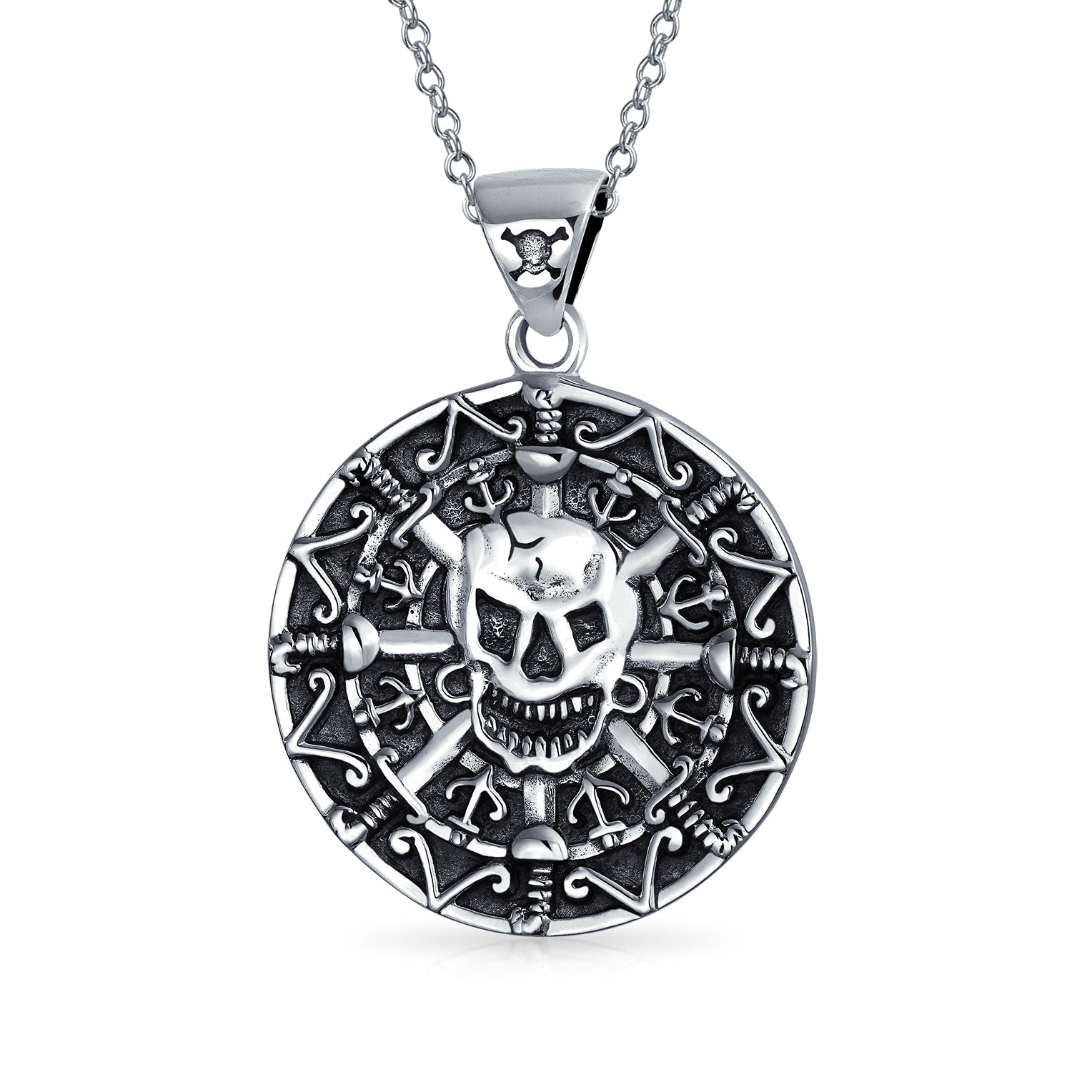 silver-aztec-pirate-skull-coin_ps-tp3097-az Coin Medallion Pirates Skull Pendant Necklace Oxidized .925 Sterling Silver - Image 1