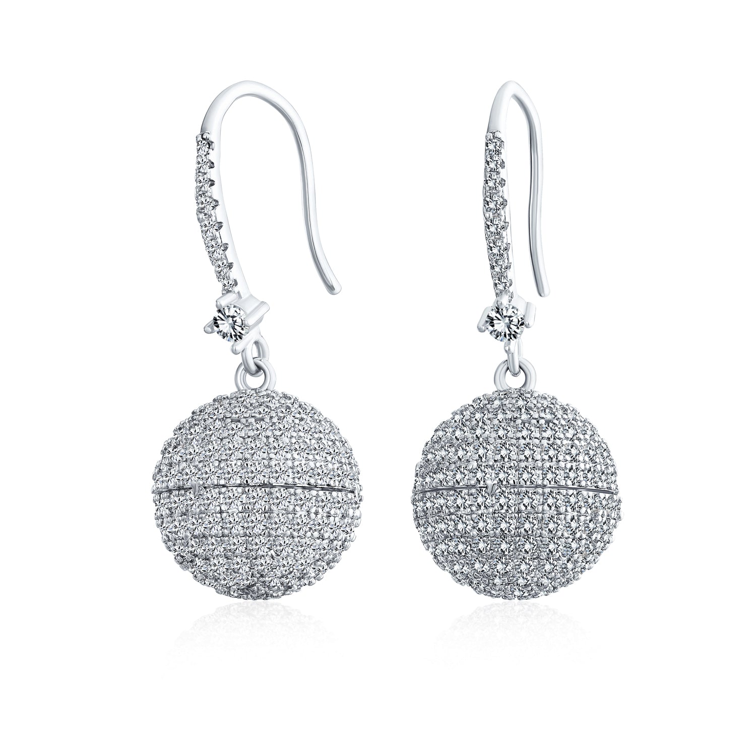 silver-ball-dangle-earrings-cz-pave-elg-811743-e-az Modern Cocktail Pave CZ Statement Disco Ball Earrings Cubic Zirconia Silver Plated - Image 1