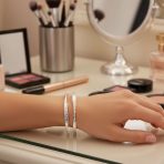 Set of 2 Modern Geometric Hammered Bangle Bracelet in Matte Sterling Silver - Image 2