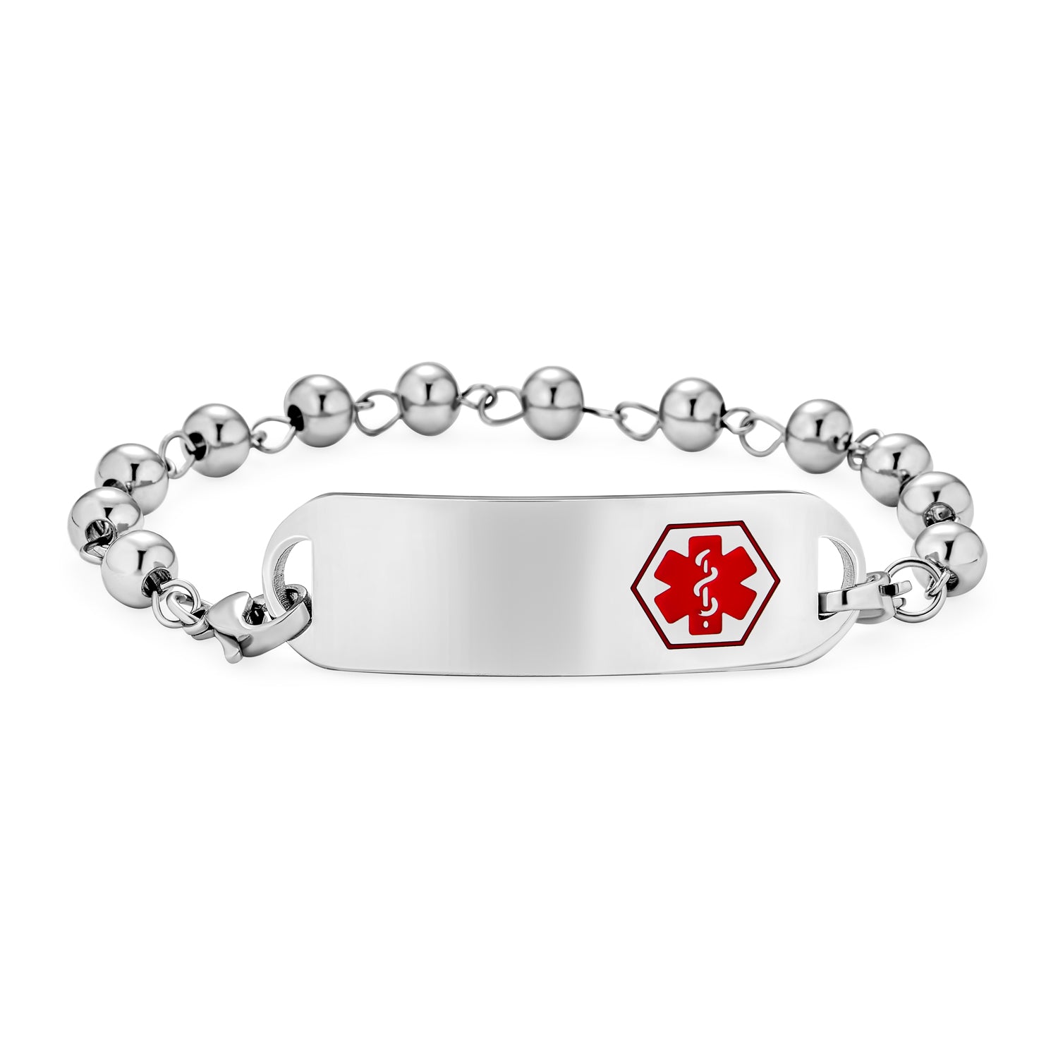silver-bead-chain-medical-id-bracelet-red-engravre-sgd-xks132-di_1 Name Tag Medical ID Bracelet Ball Bead Link Chain Stainless Steel 77.5 Inch - Image 1