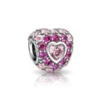 Hot Fuchsia Cubic Zirconia CZ Pave Pink Heart Charm Bead Sterling Silver Fits European Bracelet