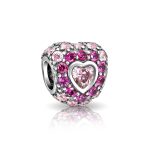 Hot Fuchsia Cubic Zirconia CZ Pave Pink Heart Charm Bead Sterling Silver Fits European Bracelet