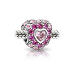 Hot Fuchsia Cubic Zirconia CZ Pave Pink Heart Charm Bead Sterling Silver Fits European Bracelet - Image 2