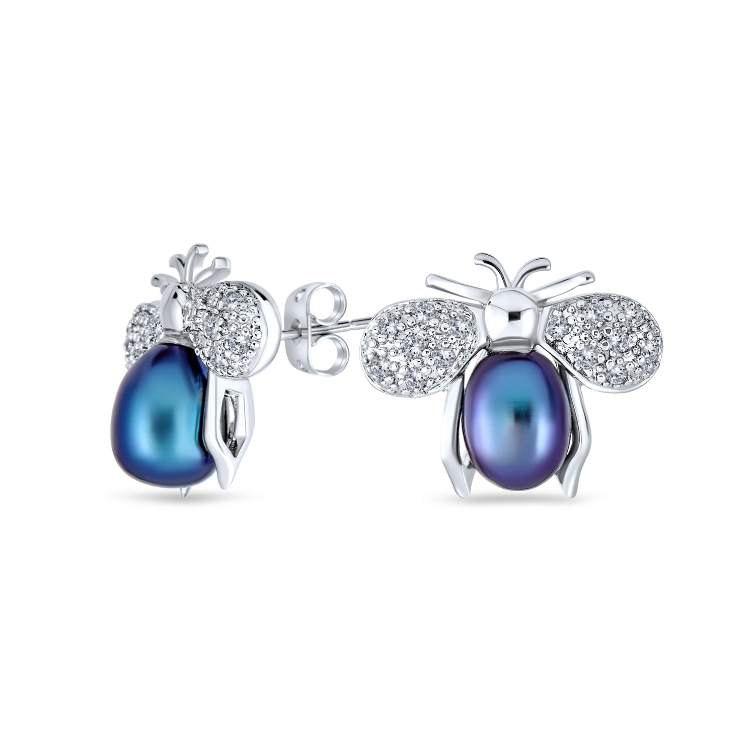 silver-bee-bug-earrings-stud-cz-sto-e13-pckr_1 Vintage Art Deco CZ Stud Earrings with Jade and Pearl Bumble Bee Design - Image 1