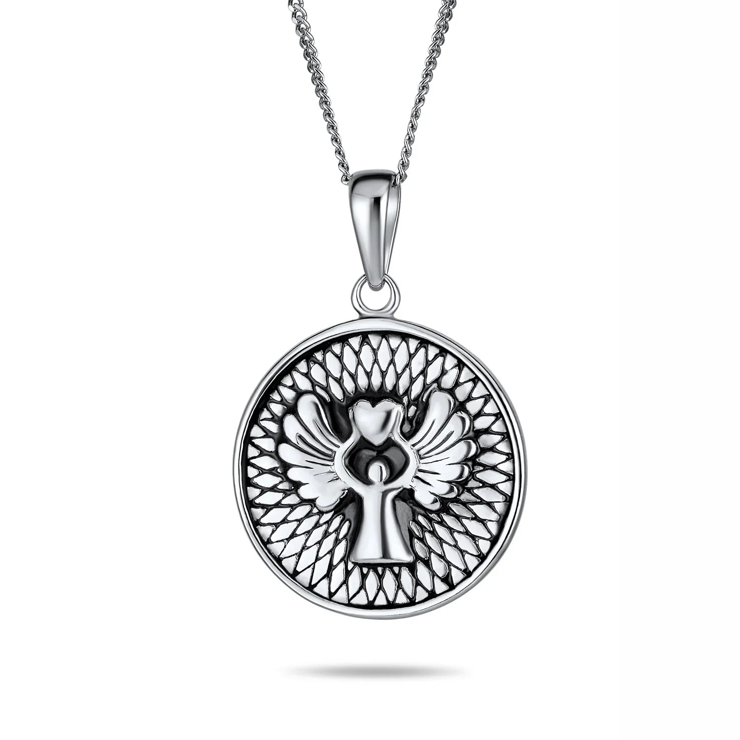 silver-black-angel-pendant-appl-o51297n_1 Round Medallion Disc Guardian Angel Pendant Necklace in Sterling Silver - Image 1