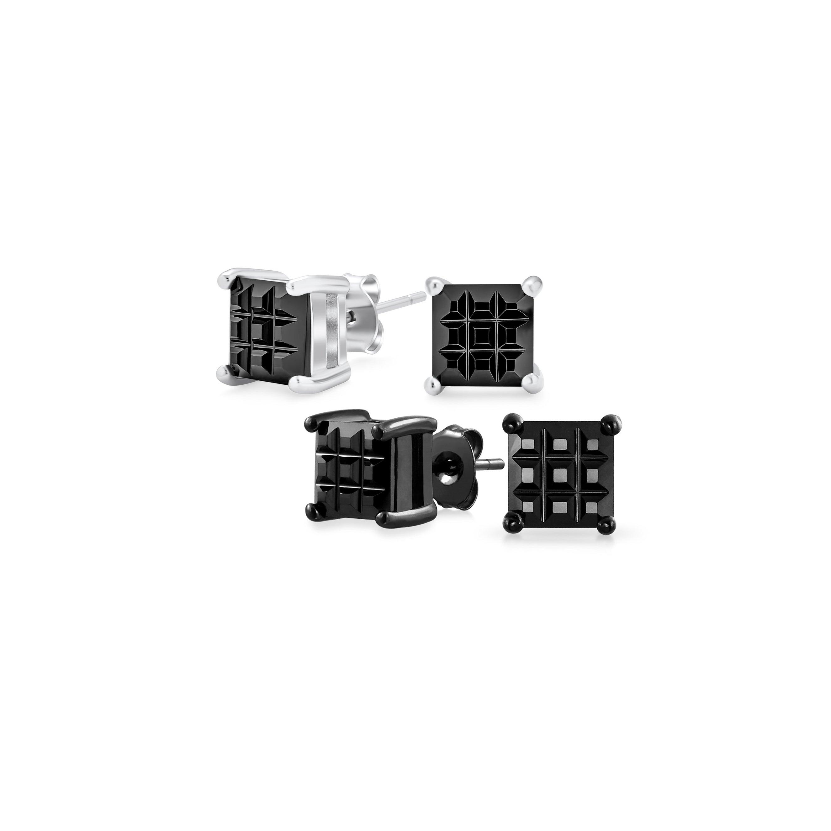 silver-black-cushion-stud-cut-zdc-101-5m-set-az_6fdd4f4c-84ae-4a44-aa38-f87e24a0e153 Set of 2 Invisible Cut Square Black CZ Checkboard Stud Earrings Black Plated 5MM - Image 1