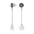 BFF Animal Lover Black Enamel Pet Paw Print Long Dangle Earrings .925 Sterling Silver