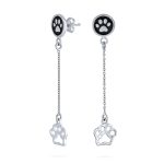 BFF Animal Lover Black Enamel Pet Paw Print Long Dangle Earrings .925 Sterling Silver