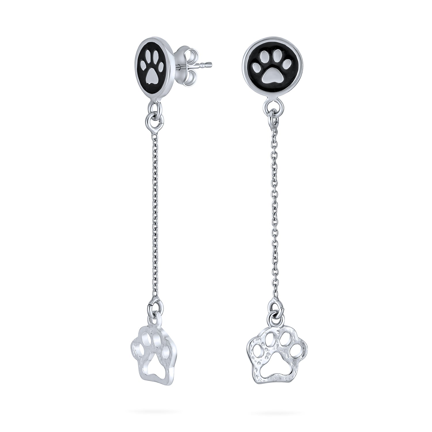 silver-black-paw-drop-earrings-srn-s100450e_1 BFF Animal Lover Black Enamel Pet Paw Print Long Dangle Earrings .925 Sterling Silver - Image 1