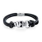 Biker Skull Heads Black Leather Cuff Bracelet Punk Rock