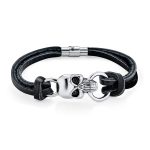 Biker Skull Heads Black Leather Cuff Bracelet Punk Rock
