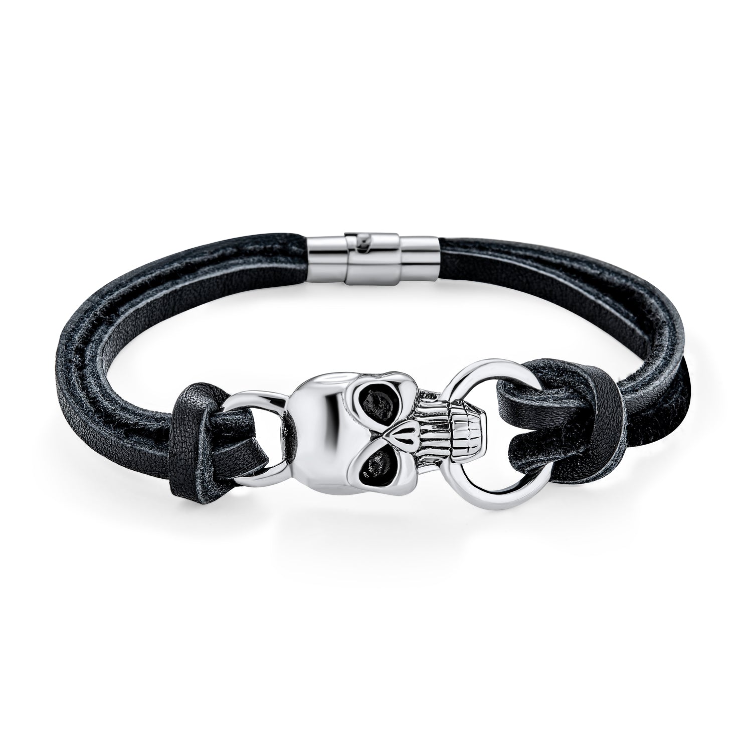 silver-black-skull-leather-knotted-bracelet_cb-b00702-az_1 Biker Skull Heads Black Leather Cuff Bracelet Punk Rock - Image 1