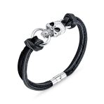 Biker Skull Heads Black Leather Cuff Bracelet Punk Rock - Image 2