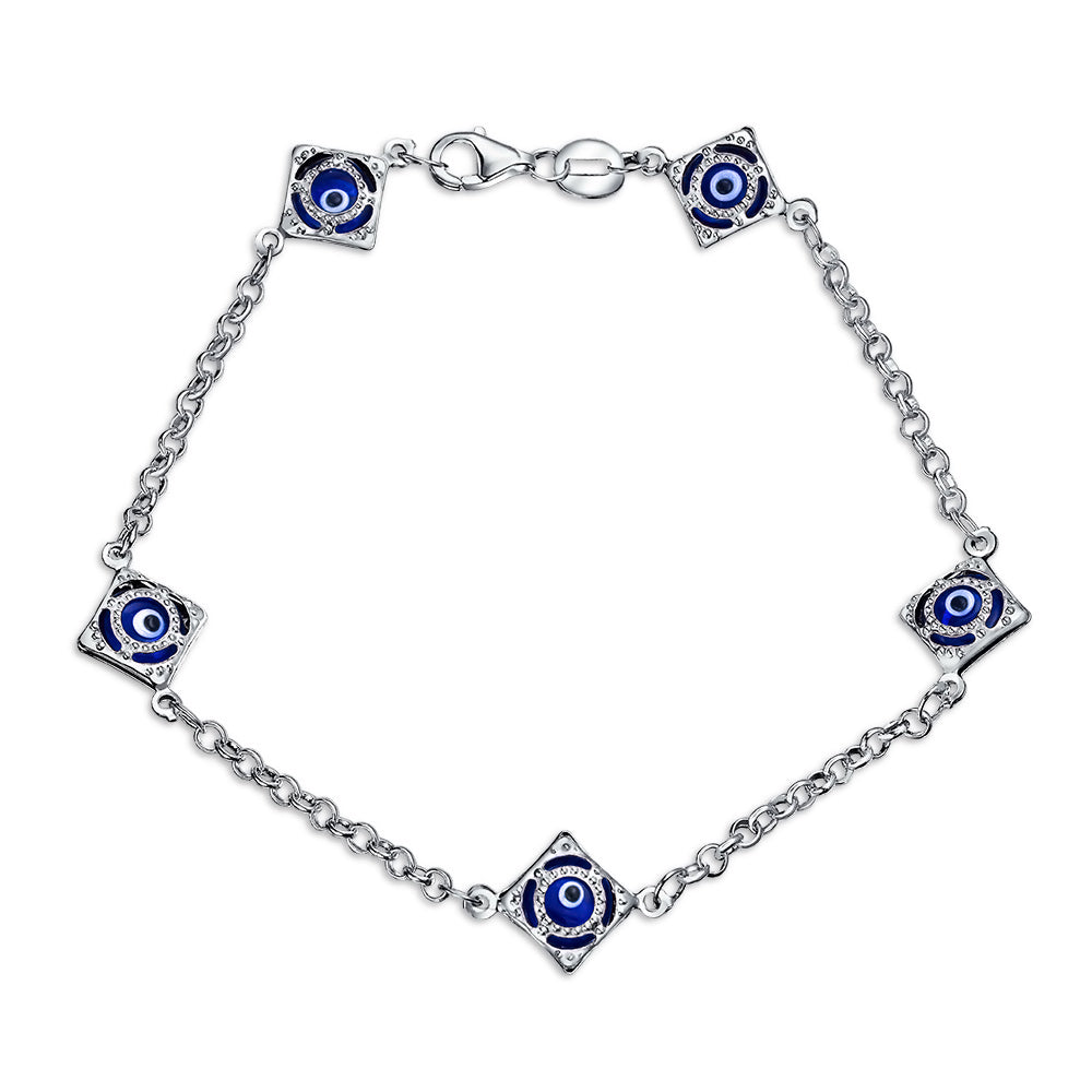 silver-blue-evil-eye-bracelet_iy-oc-3401-az_1 Turkish Navy Evil Eye Chain Link Bracelet Sterling Silver 7.5 Inch - Image 1