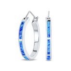 Created White Blue Opal Inlay Hoop Huggie Earrings Rose Sterling Silver