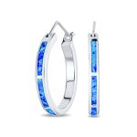 Created White Blue Opal Inlay Hoop Huggie Earrings Rose Sterling Silver