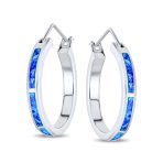Created White Blue Opal Inlay Hoop Huggie Earrings Rose Sterling Silver - Image 3
