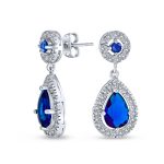 Classic Cocktail Cubic Zirconia Halo Red Teardrop CZ Drop Earrings Silver Plated