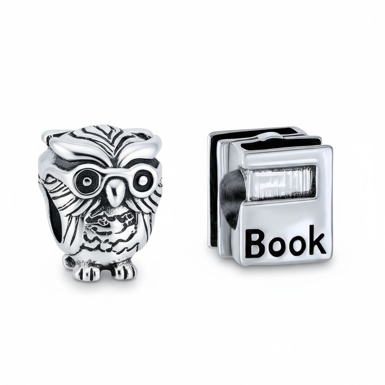 silver-book-owl-combo-charm-pbx-hs-613-dr-set-az Set of 2 Wise Graduate Owl Bird & Book Charm Bead Oxidized Sterling Silver - Image 1