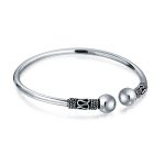 Boho Balinese Black Bangle Bracelet Scroll Ball Tips Silver