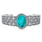 Oval Cabochon Turquoise Stone Statement Cuff Cross & Infinity Design Bracelet .925 Sterling Silver