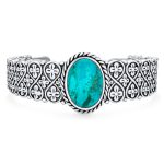Oval Cabochon Turquoise Stone Statement Cuff Cross & Infinity Design Bracelet .925 Sterling Silver