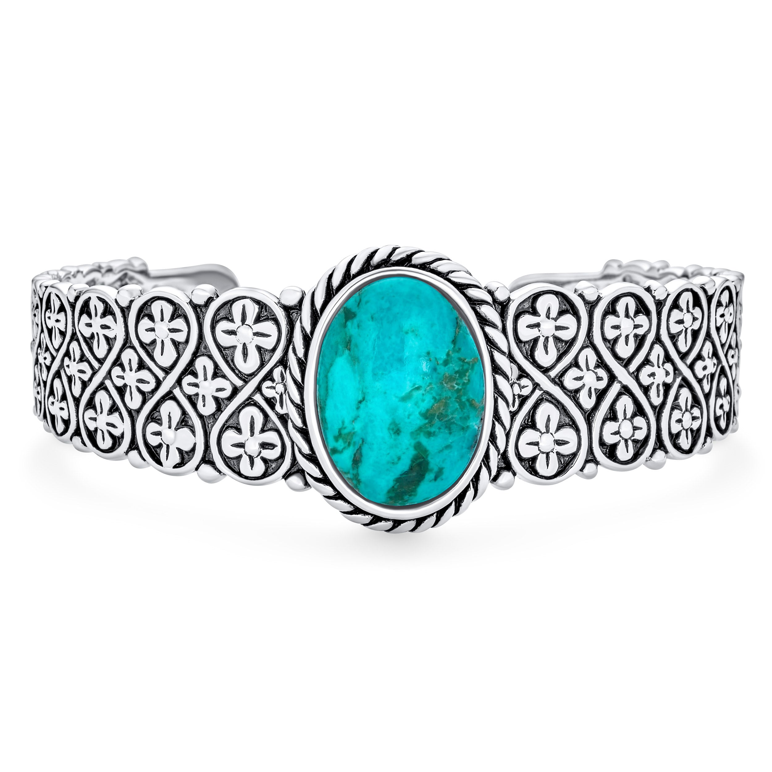 silver-bracelet-classic-flower-turquoise_nk-bs0235_11 Oval Cabochon Turquoise Stone Statement Cuff Cross & Infinity Design Bracelet .925 Sterling Silver - Image 1