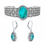 Western Turquoise Gemstone Lattice Bracelet & Dangle Earring Set Sterling Silver