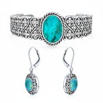 Western Turquoise Gemstone Lattice Bracelet & Dangle Earring Set Sterling Silver