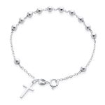 Simple Religious Prayer Ball Beads Cross Pray Rosary Bracelet .925 Sterling Silver
