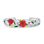 3D Garden Ladybug Floral Red Rose Flower Cuff Bracelet Silver Plated