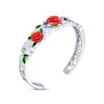 3D Garden Ladybug Floral Red Rose Flower Cuff Bracelet Silver Plated - Image 2
