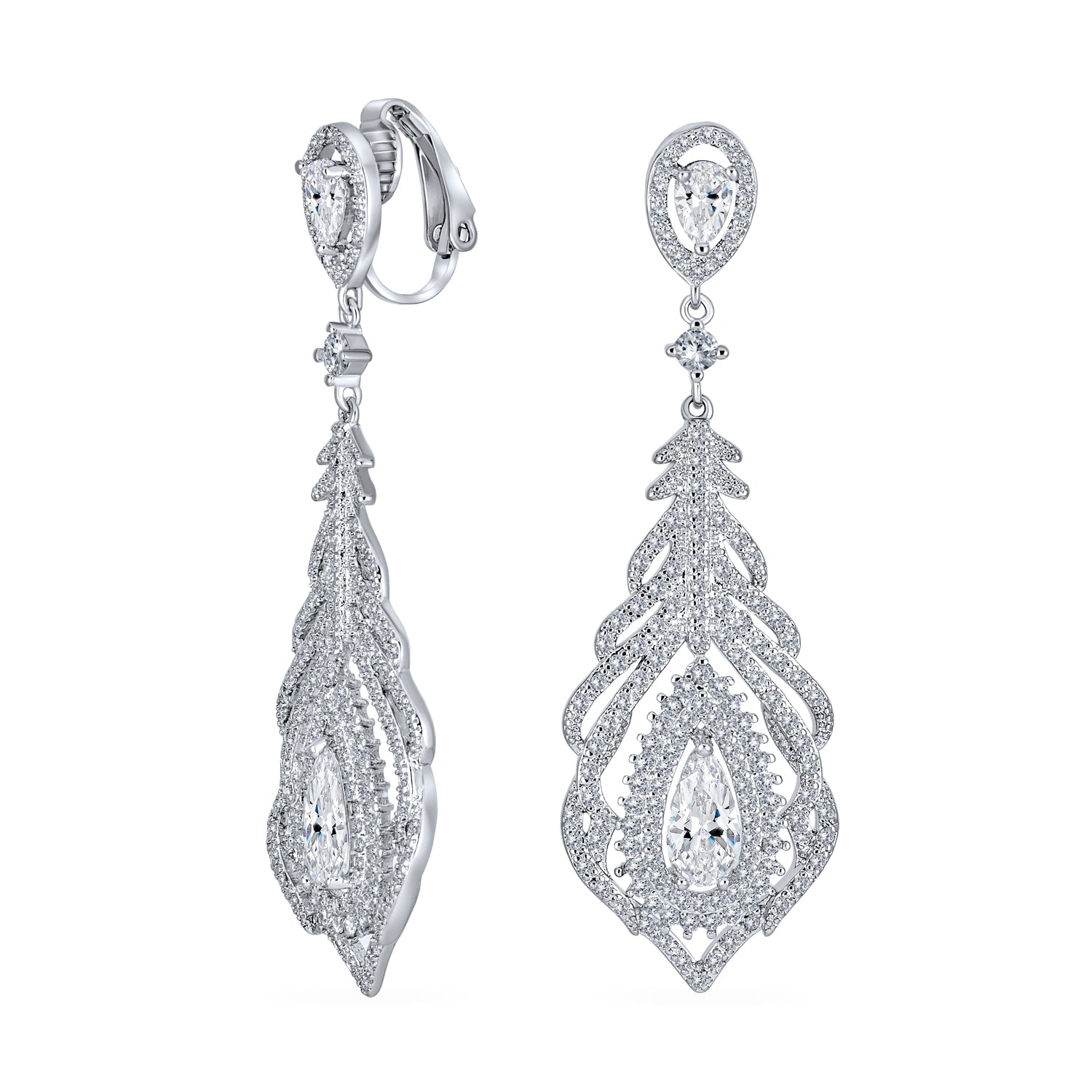silver-bridal-brass-cz-chandelier-clip-on_my-81459_1 Art Deco Style Cubic Zirconia Leaf Shape Teardrop Statement CZ Chandelier Clip On Earrings - Image 1