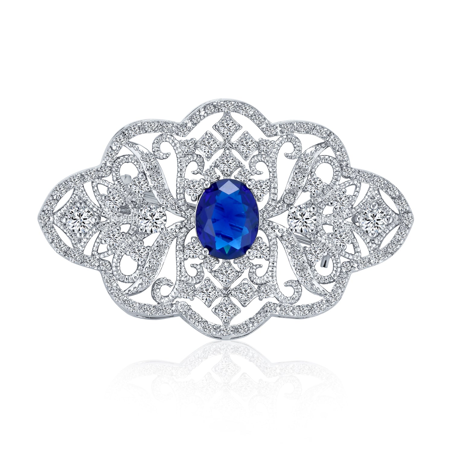 silver-brooch-pin-sapphire-cz-filigree-ml-yb10179-ch-b_20_1 Art Deco Vintage Estate Royal Blue Sapphire Brooch Pin - Image 1
