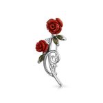 Floral Flower Red Roses Brooch Lapel Pin CZ Accents Silver Plated