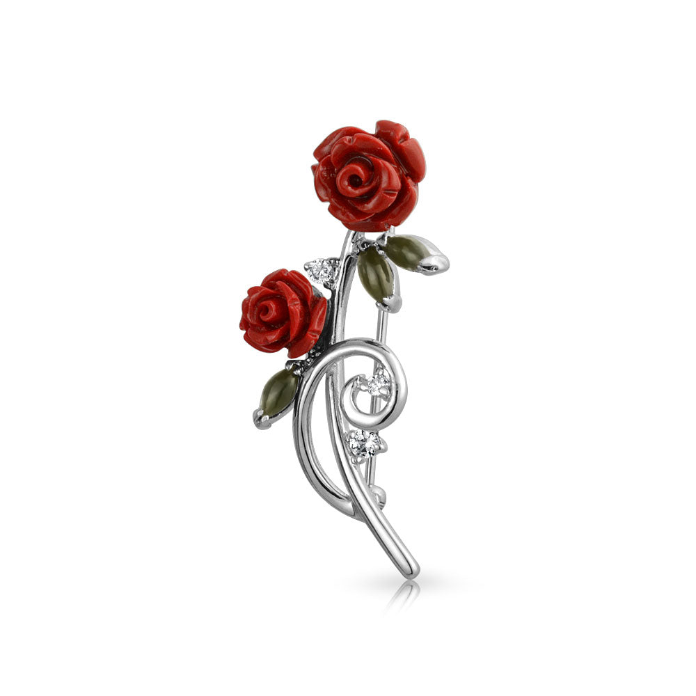silver-brooch-red-flower-pin_mdr-3527h-010-1 Floral Flower Red Roses Brooch Lapel Pin CZ Accents Silver Plated - Image 1